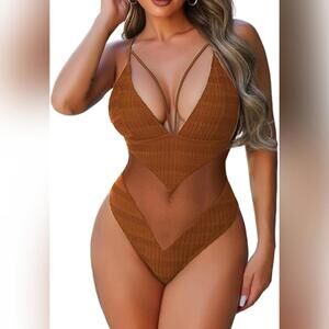 NWOT ChiaoLezhee One Piece High-Cut Cheeky Deep V Neck Strappy Swimsuit, Sz 4-6